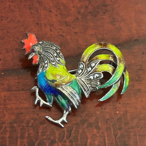 Alice Caviness Jewelry - Whimsical Vintage Signed Alice Caviness Sterling Marcasite Enamel Rooster Pin